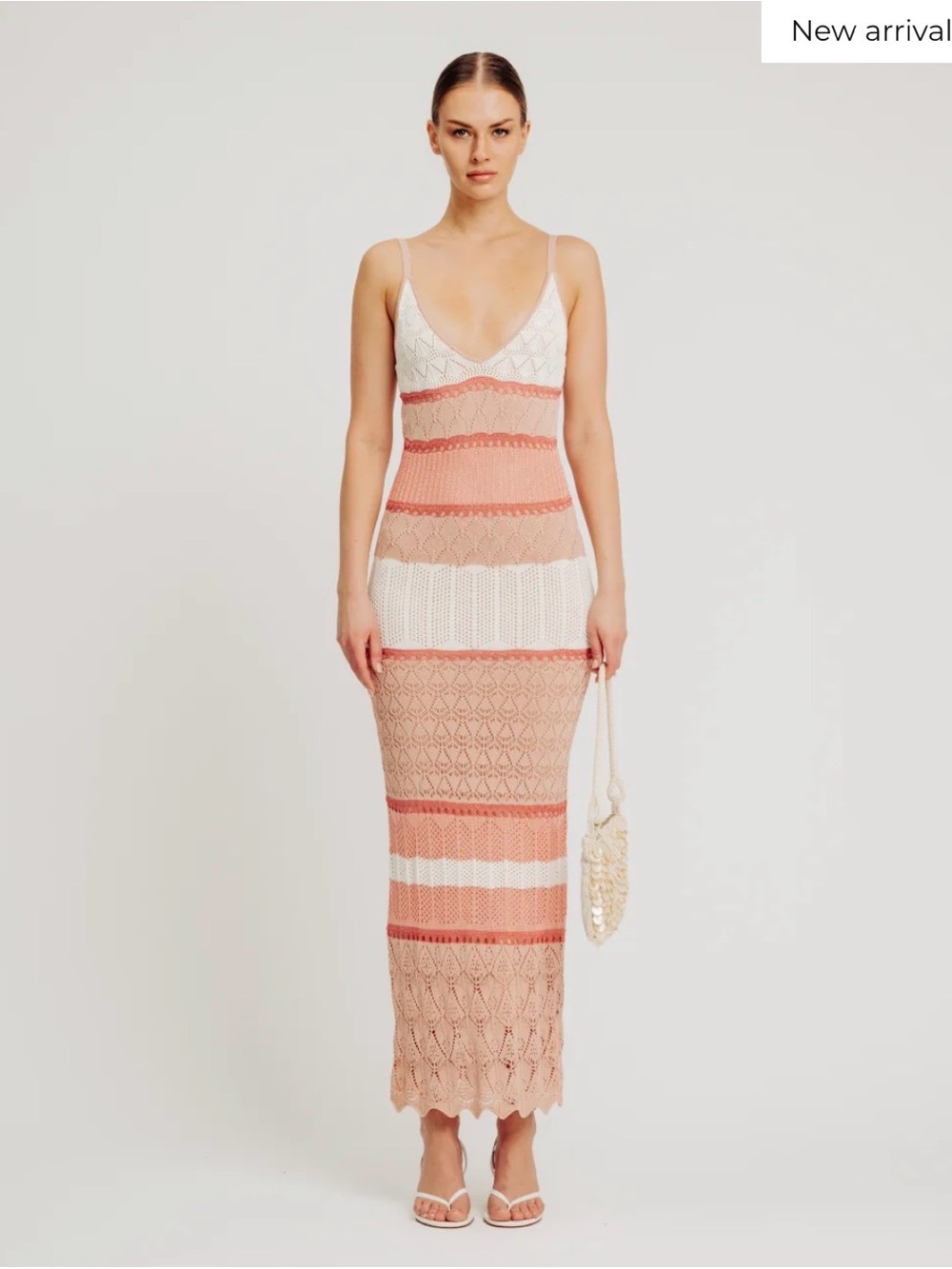 Torn by Ronny Kobo Peach and White Striped Crochet Maxi Dress